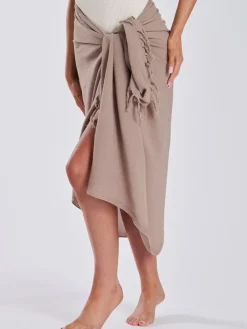 Taupe - - Gekreukte viscose sarong-tuniek met franje*South Beach Best