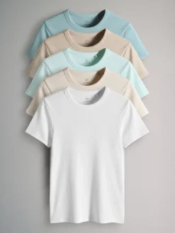Taupe Brown/Light Brown/Blue/Light Blue/Cream - 5 Pack Korte Mouw Geribd T-shirt*The Set Best