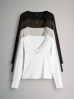 4 Pack Long Sleeve V-Neck Ribbed Lace Trim T-Shirt*The Set New