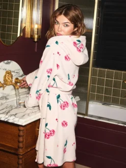 Cream Disco Cherries Fleece Dressing Gown*Urban Threads Discount