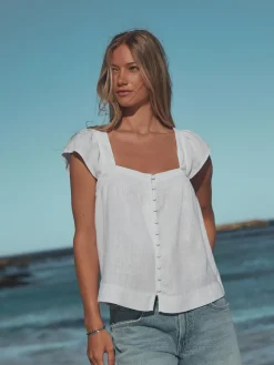 - Flutter Sleeve Button Front Top h Linen*Next New