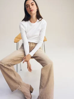 Wit - Geribbelde top met ronde hals en lange mouwen*Next Discount