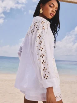 - ruimvallend strandoverhemd met broderie van 100% katoen*Lipsy Discount