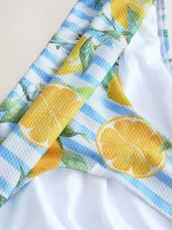 Wit/Blauw Piqué Strepen Citroenprint - Bikinibroekje met omgerolde bovenkant*Next Clearance