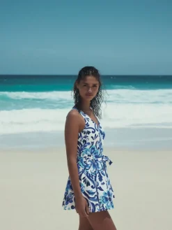 Wit/blauw porselein - Vormgevend, buikcorrigerend zwemjurk met rokje*Next Hot