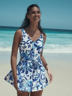 Wit/blauw porselein - Vormgevend, buikcorrigerend zwemjurk met rokje*Next Hot