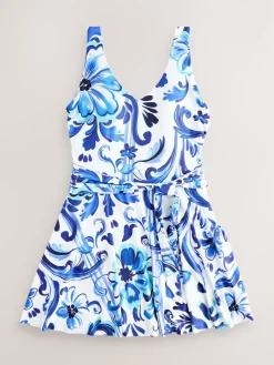 Wit/blauw porselein - Vormgevend, buikcorrigerend zwemjurk met rokje*Next Hot