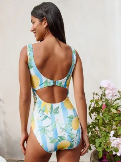 Wit/Blauw Strepen citroen Print - Buikcorrigerend DD+ badpak met beugels en ronde hals*Next Clearance