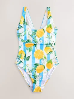Wit/Blauw Strepen citroen Print - Buikcorrigerend DD+ badpak met beugels en ronde hals*Next Clearance