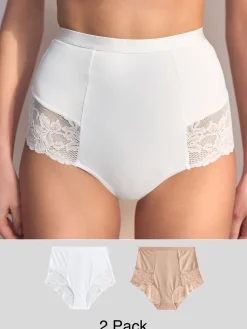 Wit/huidskleur - Verpakking van 2 Braziliaanse slipjes met kanten achterkant en buikcorrigerend effect en print*Next Outlet