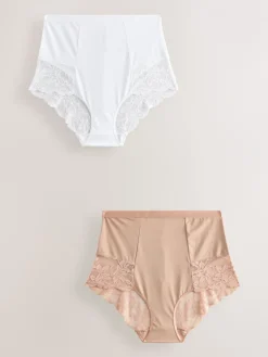 Wit/huidskleur - Verpakking van 2 Braziliaanse slipjes met kanten achterkant en buikcorrigerend effect en print*Next Outlet
