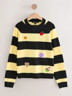 Yellow/Black Stripe Badge - Superzachte trui met ronde hals en lange mouwen*Next