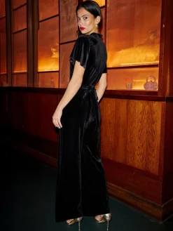 Velvet Jumpsuit With Twist Neckline And Buckle Belt*Yumi Online