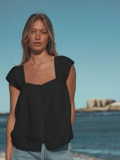 - Flutter Sleeve Button Front Top With Linen*Next Online