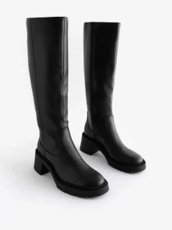 Zwart - Forever Comfort® Chunky Heeled Round Toe Knee High Boots*Next