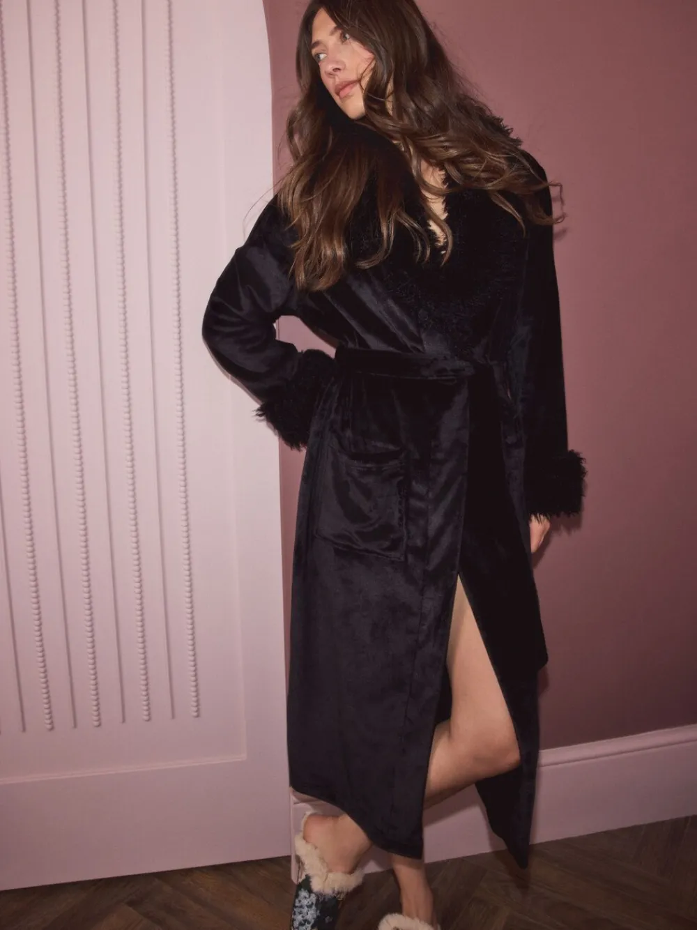 Zwart - Fur Trim Robe*Next Sale