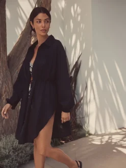 Zwart - Gathered Waist Kaftan Cover-Up With Linen*Next Best