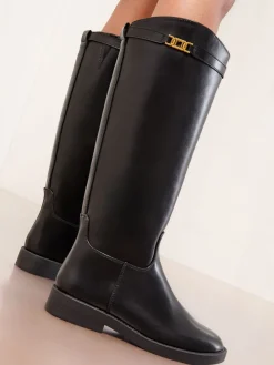 Zwart - platte lange kniehoge rijlaarzen van imitatieleer*Lipsy Sale