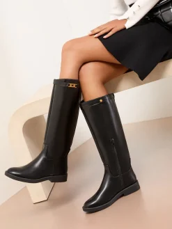 Zwart - platte lange kniehoge rijlaarzen van imitatieleer*Lipsy Sale