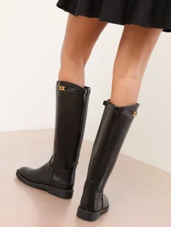 Zwart - platte lange kniehoge rijlaarzen van imitatieleer*Lipsy Sale