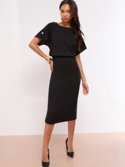 - Short Sleeve Button Detail Blouson Bodycon Midi Dress*Lipsy Hot
