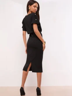 - Short Sleeve Button Detail Blouson Bodycon Midi Dress*Lipsy Hot