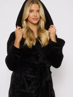 Zwart - Christmas Ribbon Trim Luxury Fleece Hooded Maxi Robe*Loungeable Sale