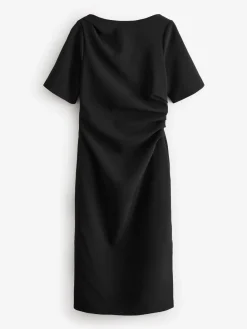 Zwart - Midi-jurk met korte mouwen en ruches*Next Clearance