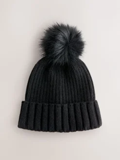 Zwart - Rib Knit Pom Hat*Next Outlet