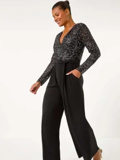 - Pailletten wikkel V-hals stretchy Jumpsuit*Roman Clearance