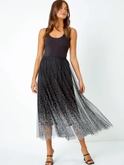 Zwart - Polka Dot Print Elasticated Mesh Skirt*Roman Online