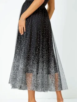 Zwart - Polka Dot Print Elasticated Mesh Skirt*Roman Online