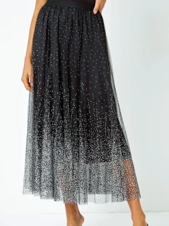 Zwart - Polka Dot Print Elasticated Mesh Skirt*Roman Online