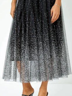 Zwart - Polka Dot Print Elasticated Mesh Skirt*Roman Online