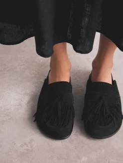 Zwart - Signature Premium leren suède muiltjes met franje en voetbed*Next