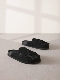 Zwart - Signature Premium leren suède muiltjes met franje en voetbed*Next