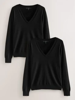 Zwart - Soft Touch V-Neck Cotton Rich Jumpers 2 Pack*Next Sale