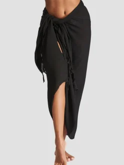 Zwart - - Gekreukte viscose sarong-tuniek met franje*South Beach Clearance