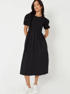 - 100% Cotton Puff Sleeve Jersey Poplin Mix Maxi Dress*Threadbare Outlet
