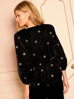 Zwart met goud - V-hals blouse met 3/4 -mouwen en peplum*Love & Roses Discount