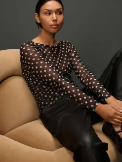 Zwart met stippen - Top met lange mouwen, gerimpelde zijkanten en mesh*Next Best
