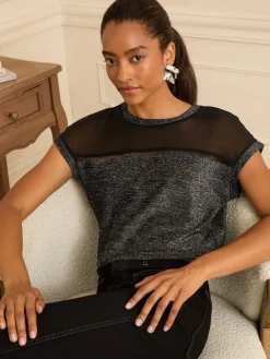 Zwart metallic - Satin Front V-Neck Short Sleeve Top*Love & Roses Outlet