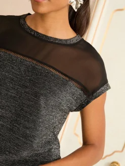 Zwart metallic - Satin Front V-Neck Short Sleeve Top*Love & Roses Outlet