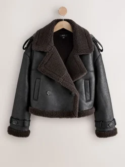 Zwart/chocoladebruin - Faux Shearling Cropped Aviator Jacket*Next