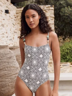 Zwart/crème met aztekenprint - Gekrald vierkant hals buik control zwempak*Next Discount