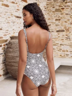 Zwart/crème met aztekenprint - Gekrald vierkant hals buik control zwempak*Next Discount