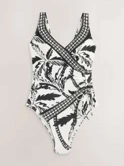 Zwart/Crème Palm - Badpak met vormgevende zijrimpeling en buikcorrectie*Next New