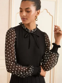 Zwarte Bloemen Vlek Franje Hals - gebreide mini-jurk met chiffon mouwen*Love & Roses Outlet