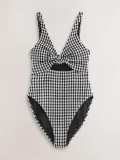 Zwart/wit gekreukte gingham-ruit - Uitgesneden plooi buik controle Zwempak*Next Clearance