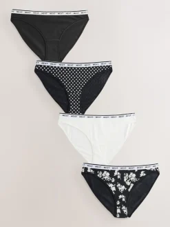 Zwart/wit met bloemenprint - 4 Katoenen slipjes met logotailleband*Next Online